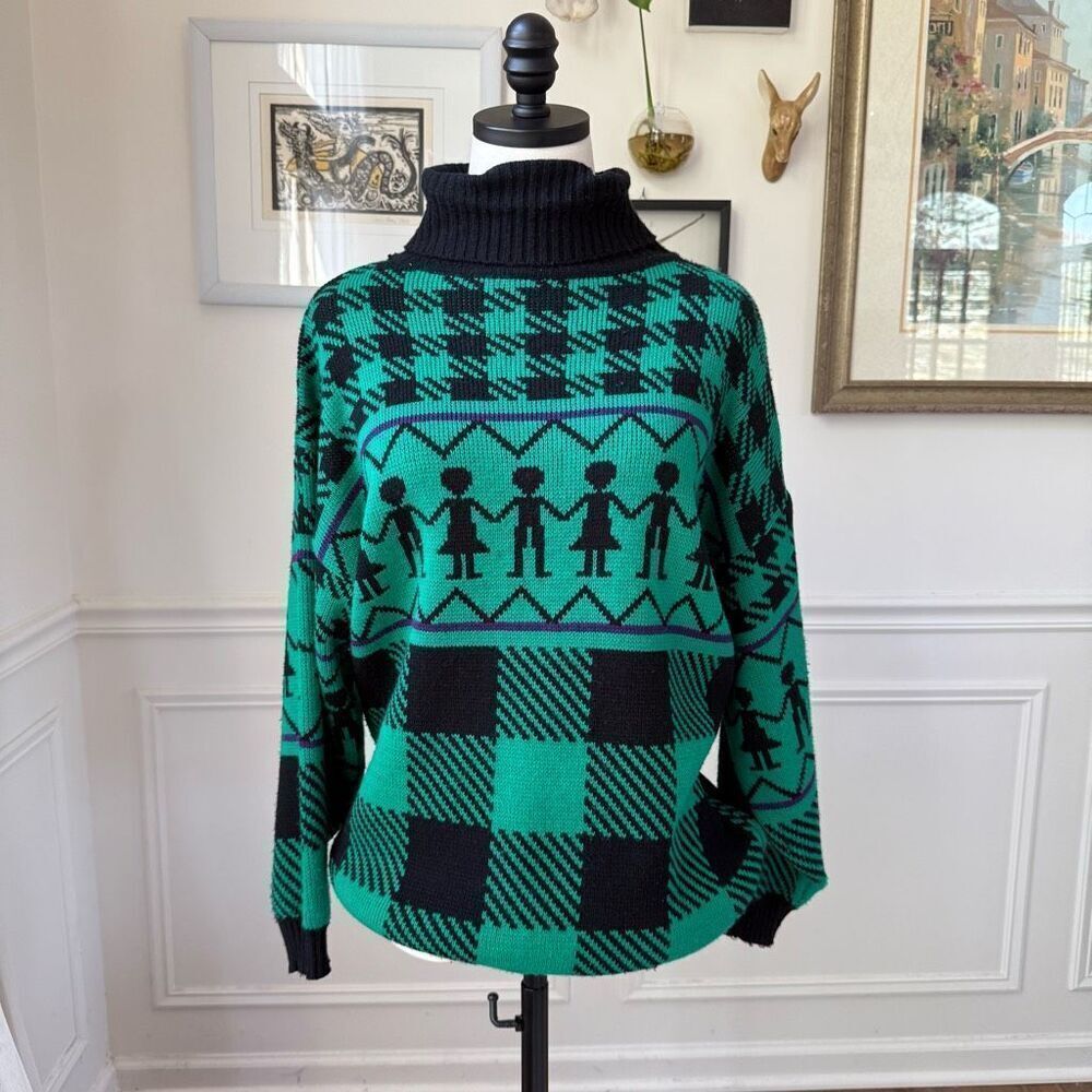 Vintage 90s L Simsbury Ltd Green Black Purple Oversized Turtleneck Sweater M L X
